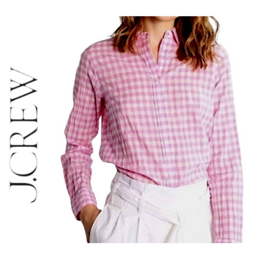 J. Crew 4 Cotton Lightweight Long Sleeve Blouse Top Button Up Pink White Gingham